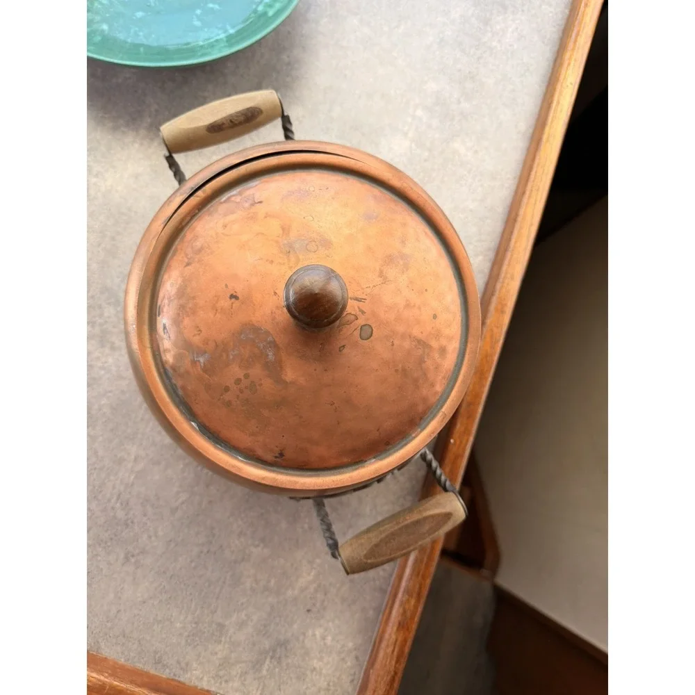 Vintage Stöckli Netstal Hammered Copper Pot w/ Lid Wood Handles Swiss MCM